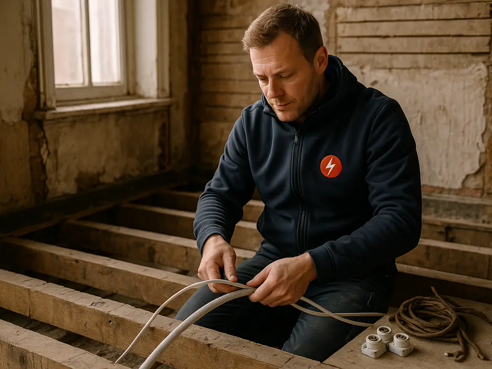 Elektricien trekt nieuwe kabels door een flexibele buis in een oud herenhuis, de oude stoffen bedrading ligt op de vloer