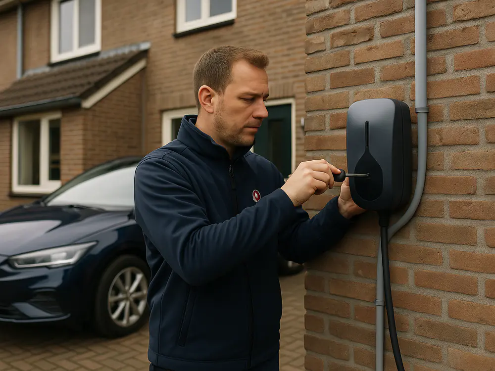 Elektricien monteert een laadpaal aan de gevel naast de voordeur, de elektrische auto staat op de oprit
