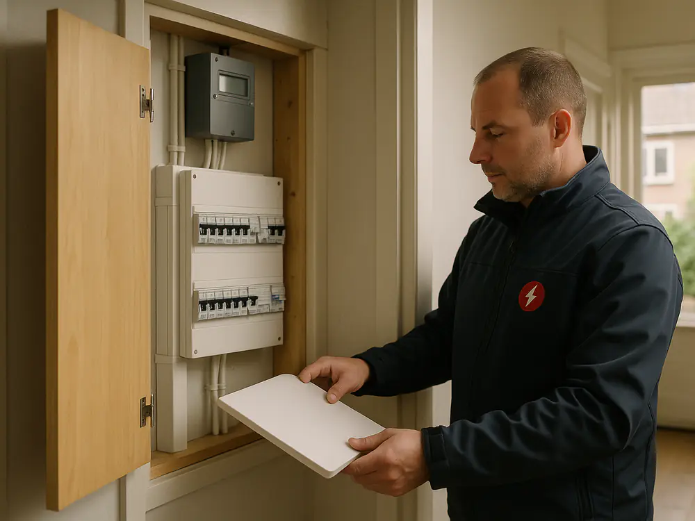 Nieuwe meterkast met een witte groepenkast en gelabelde groepen in de gang van een jaren-dertigwoning