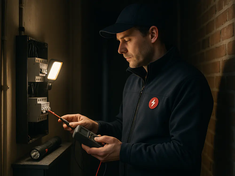 Elektricien meet met een multimeter een storing in de groepenkast, een groep staat uit