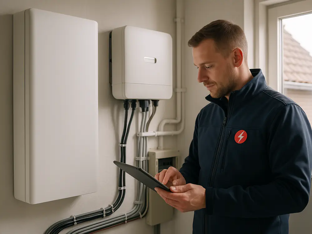 Elektricien controleert een aangesloten thuisbatterij en omvormer in de bijkeuken