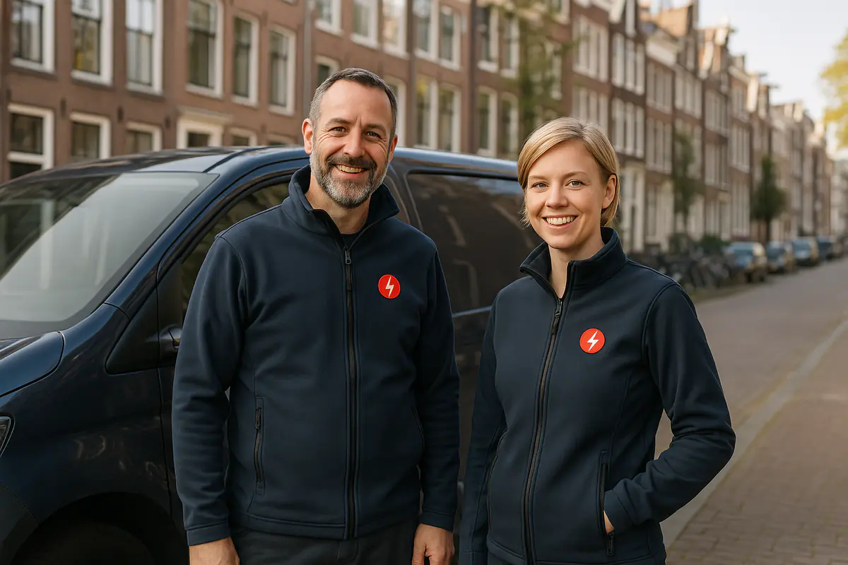 Twee elektriciens van De Elektricien van Leiden bij de servicebus in een straat met grachtenpanden